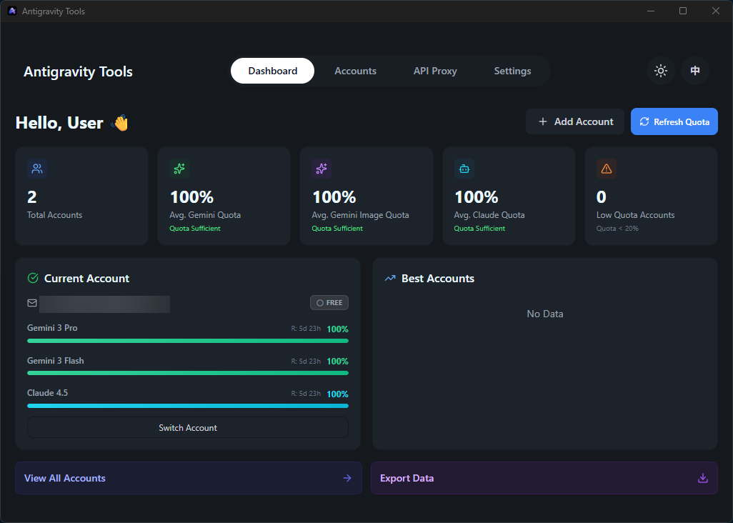 Antigravity Tools dashboard showing multi-account management and API proxy features