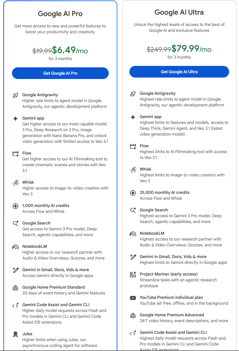 Google Antigravity pricing tiers showing free public preview and Google AI Pro subscription options