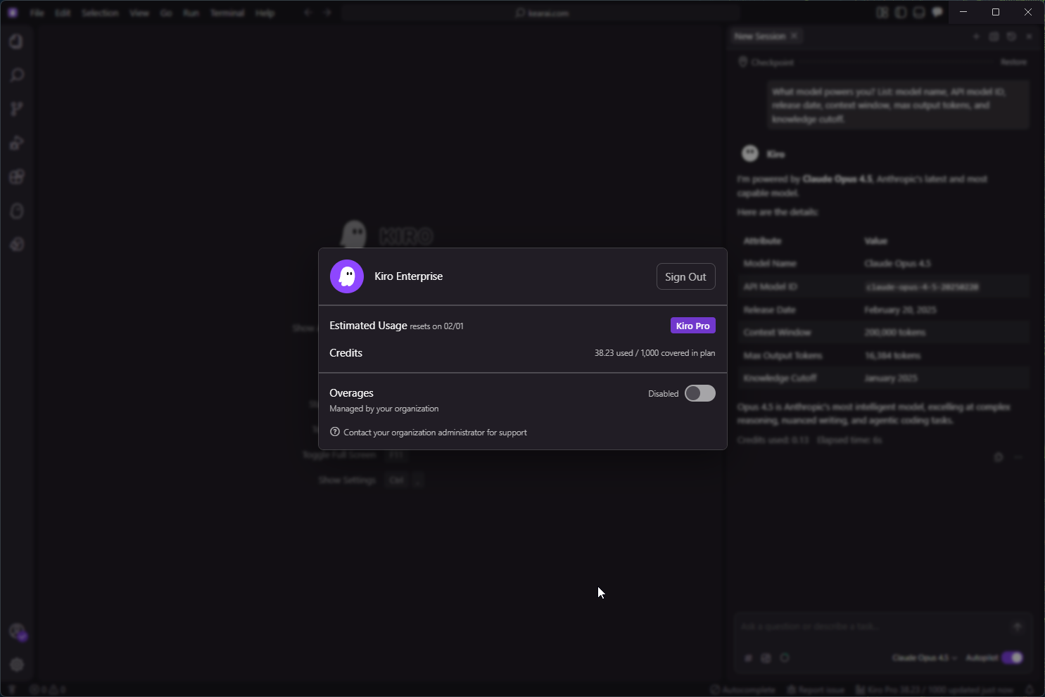 Kiro subscription information and credit usage dashboard