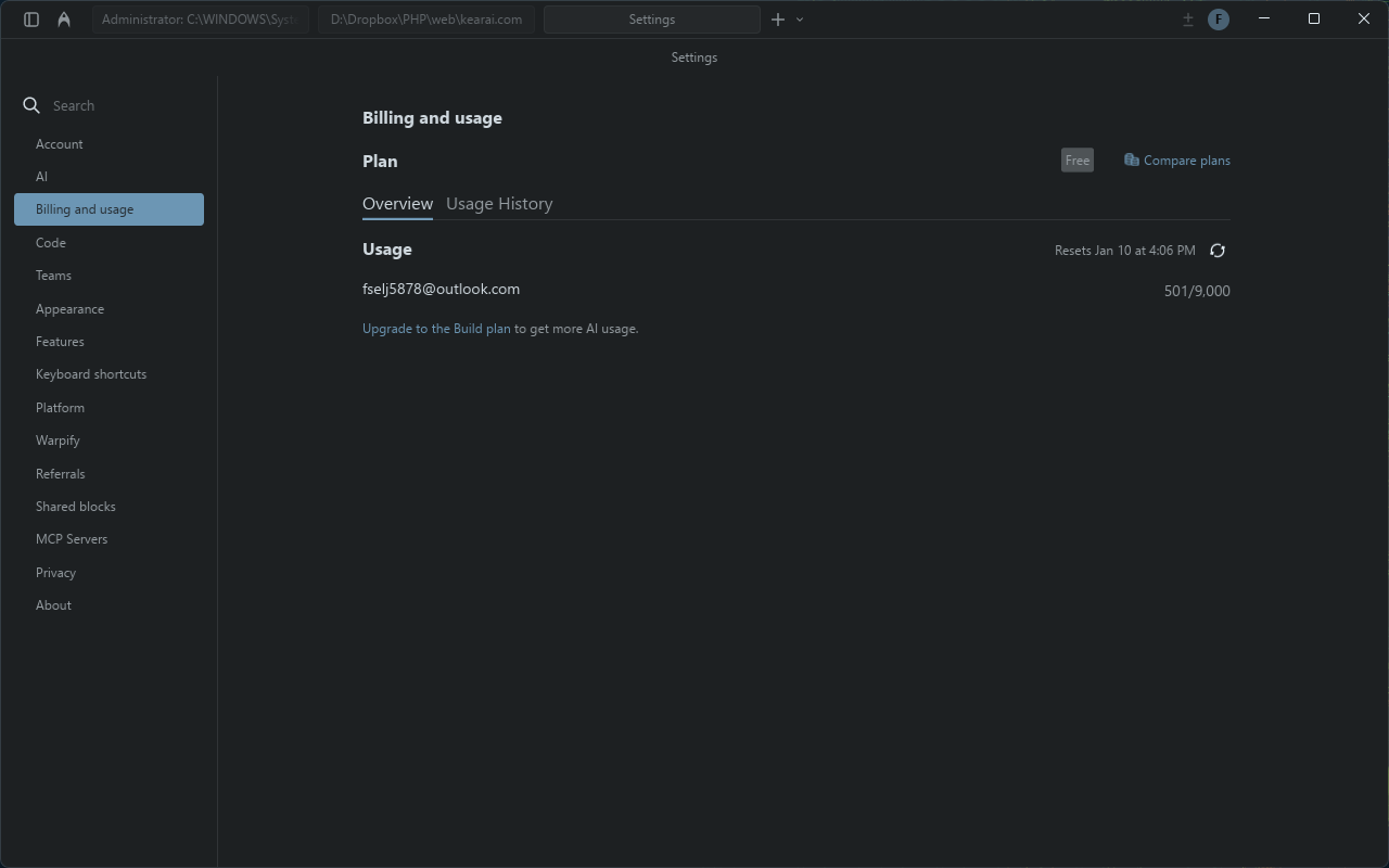 Warp settings interface showing configuration options