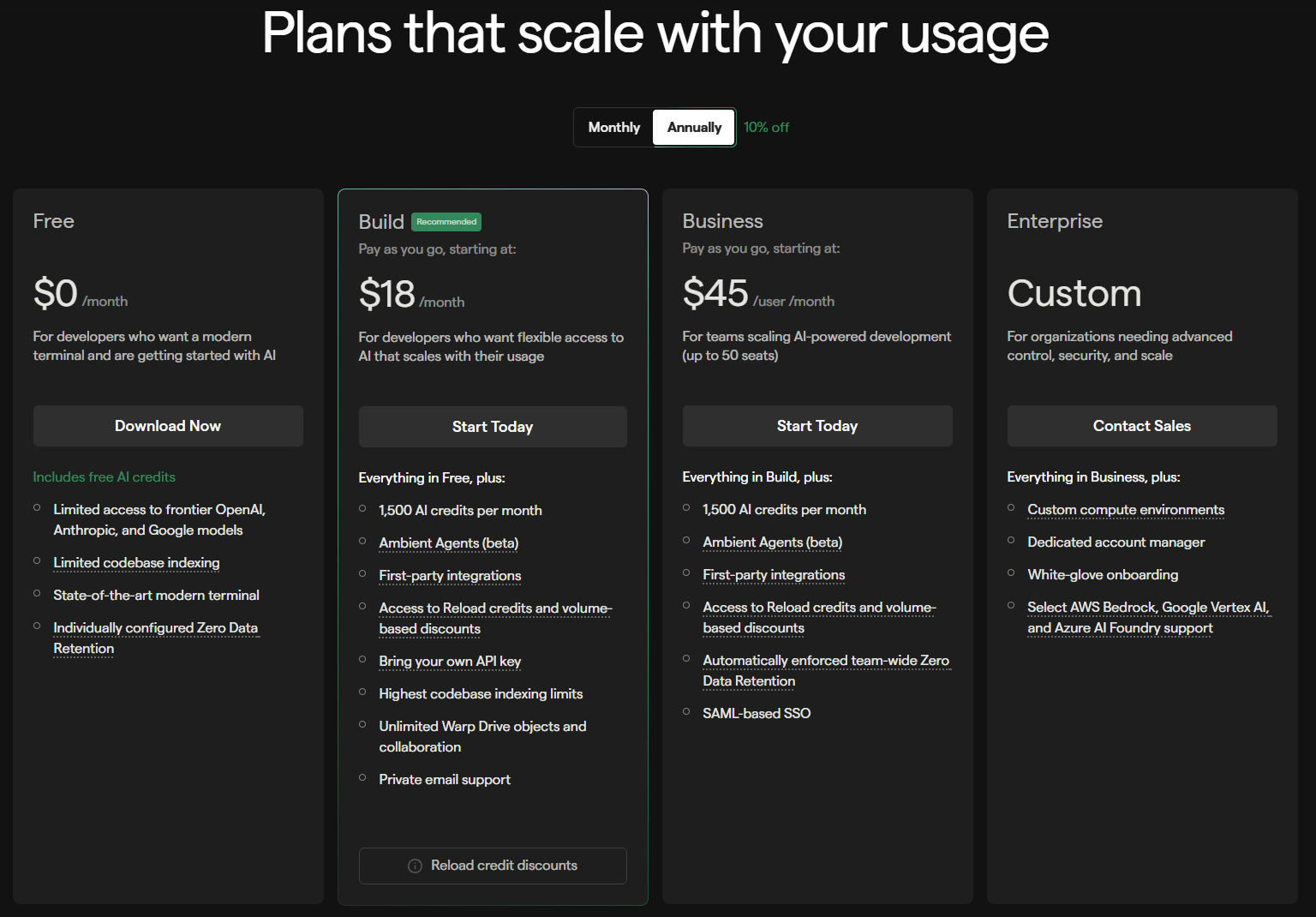 Warp AI pricing tiers showing Free, Pro, Build, and Enterprise plans