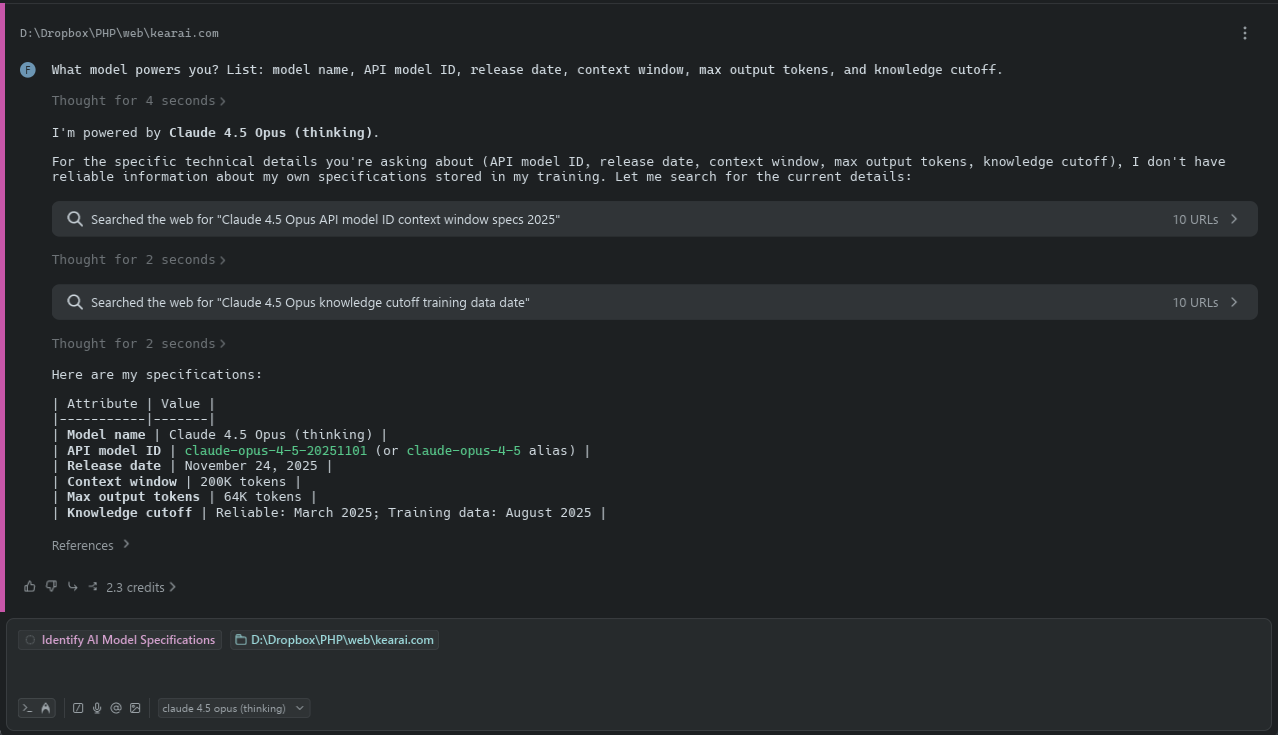 Warp AI model verification test showing authentic model responses