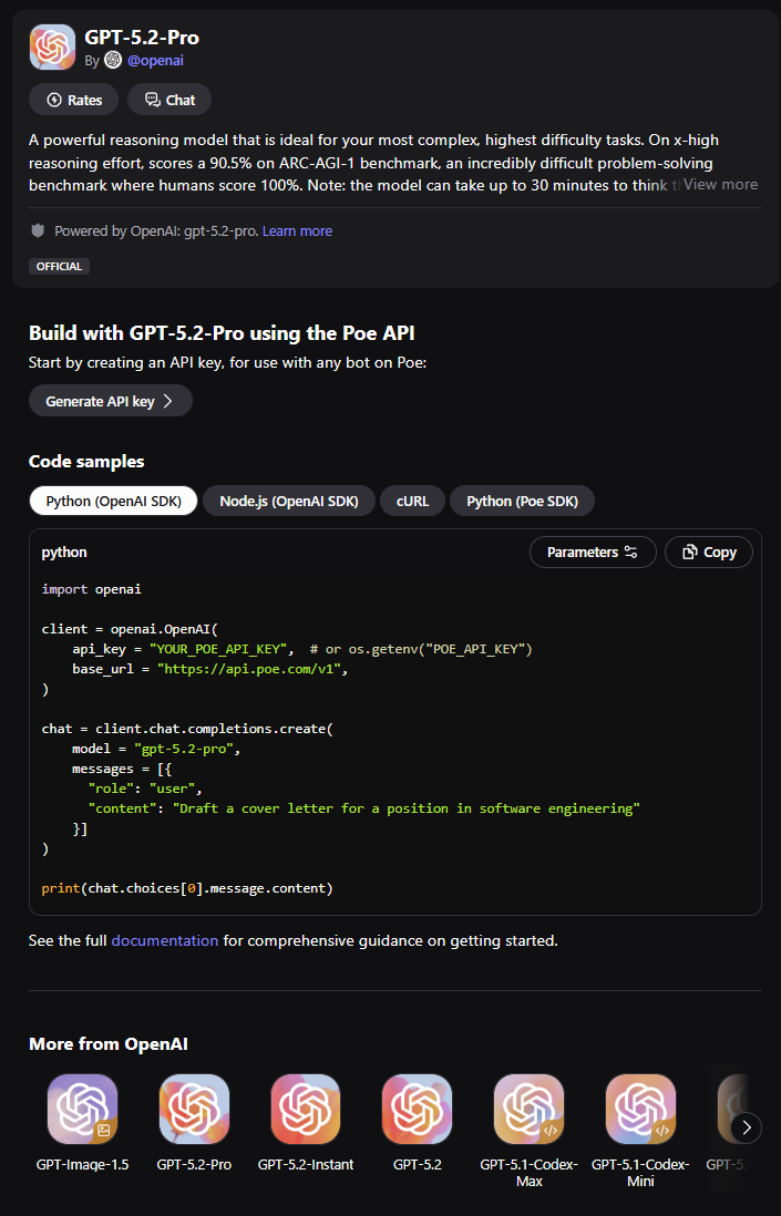 Poe API documentation showing code samples in Python, Node.js, cURL, and Poe SDK