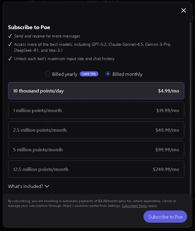 Poe AI subscription tiers showing pricing from $4.99 to $249.99 per month